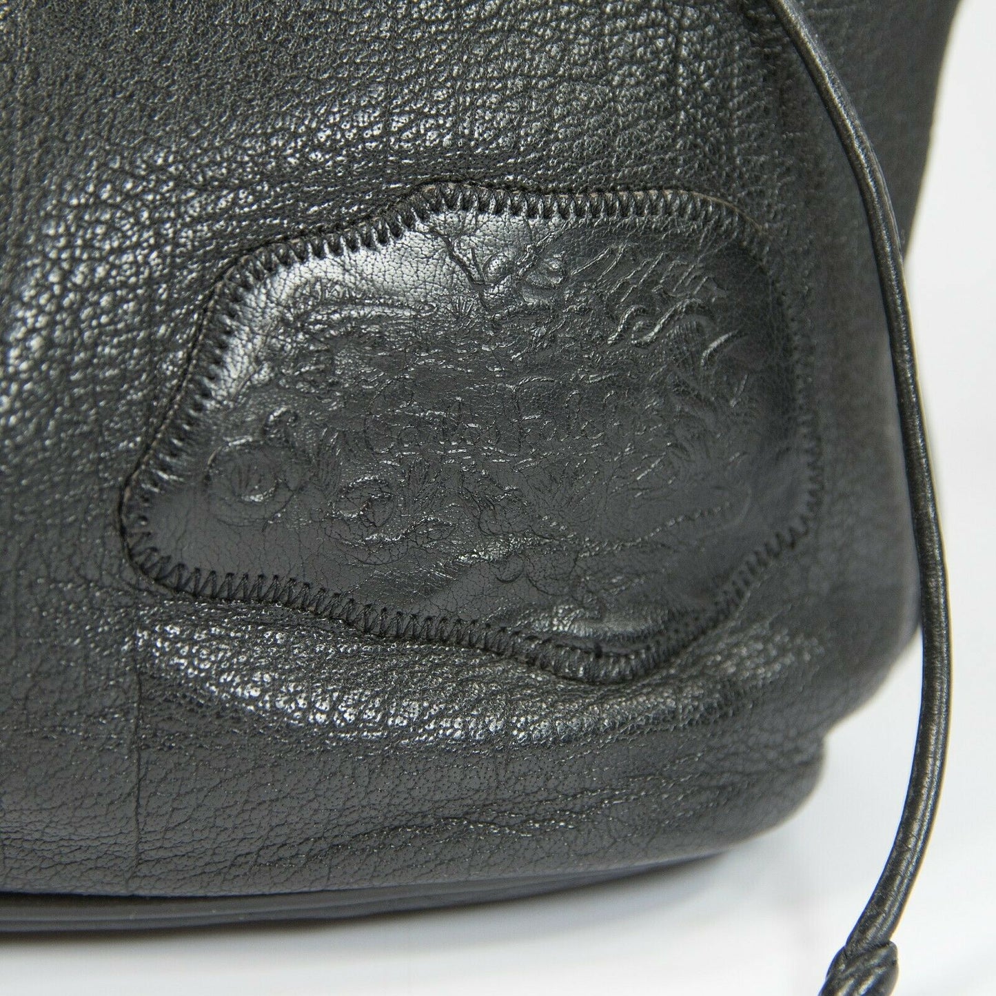Carlos Falchi Black Leather Drawstring Bucket Shoulder Crossbody Bag EUC
