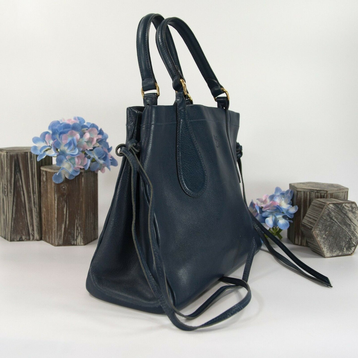 Il Bisonti Navy Blue Italian Leather Satchel Tote Bag EUC