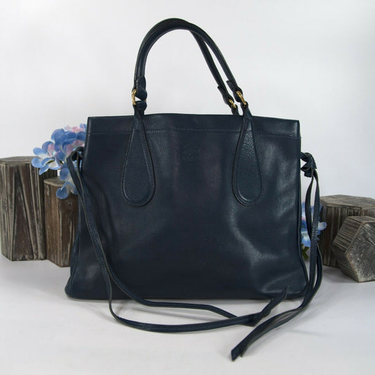 Il Bisonti Navy Blue Italian Leather Satchel Tote Bag EUC