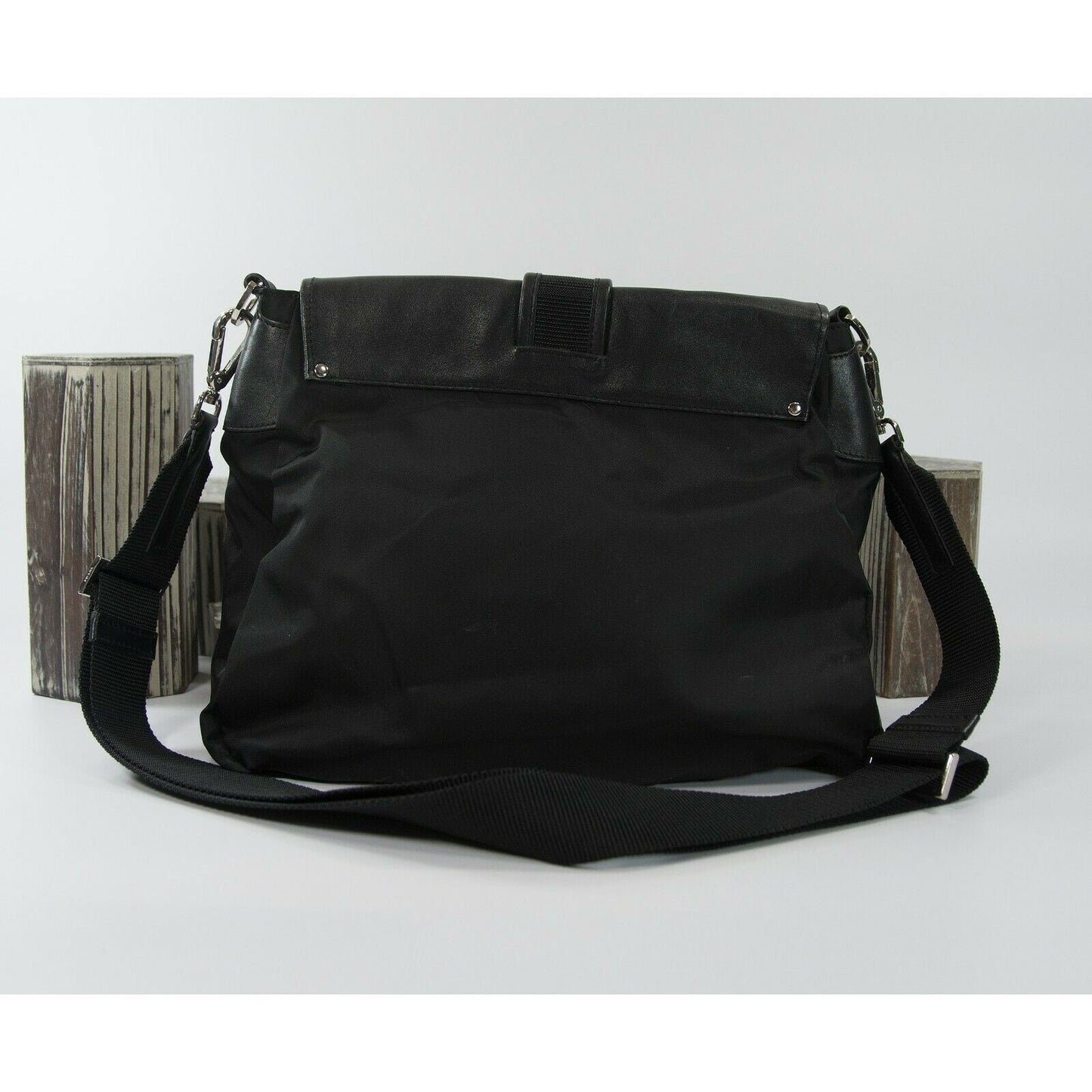 PRADA Black Nylon Leather Vela Pocket Flap Buckle Crossbody Messenger Bag EUC