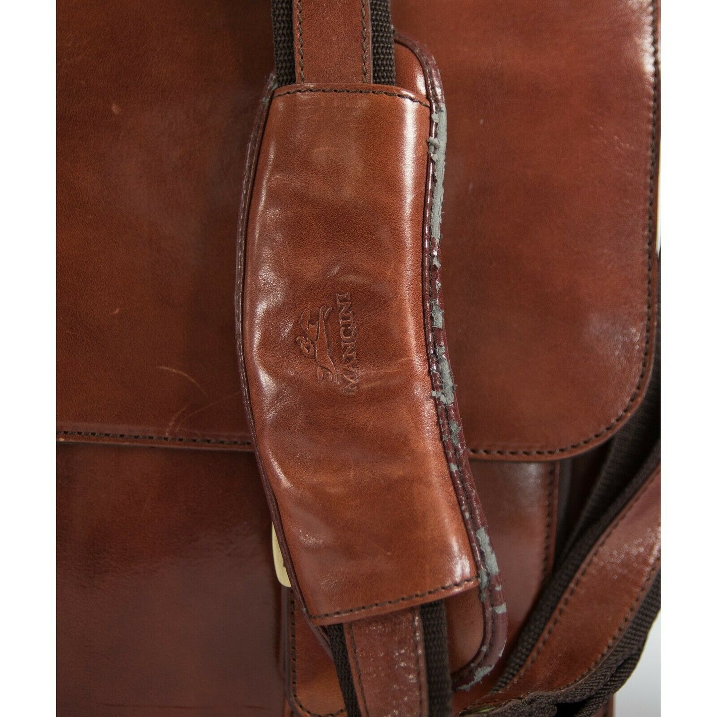 Mangini Cognac Vintage Leather Briefcase Messenger Crossbody Bag