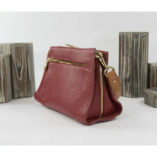 Valentina Red Tan Leather Triangle Crossbody Bag EUC
