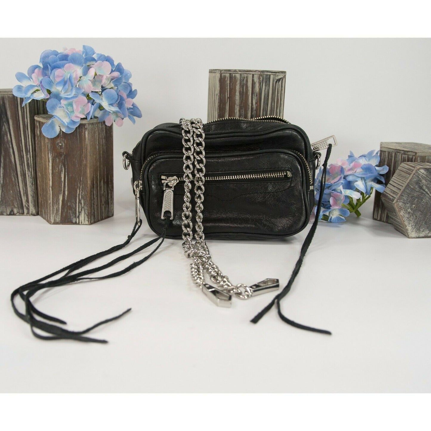 Rebecca Minkoff Black Leather Mini Double Pouch Camera Bag EUC