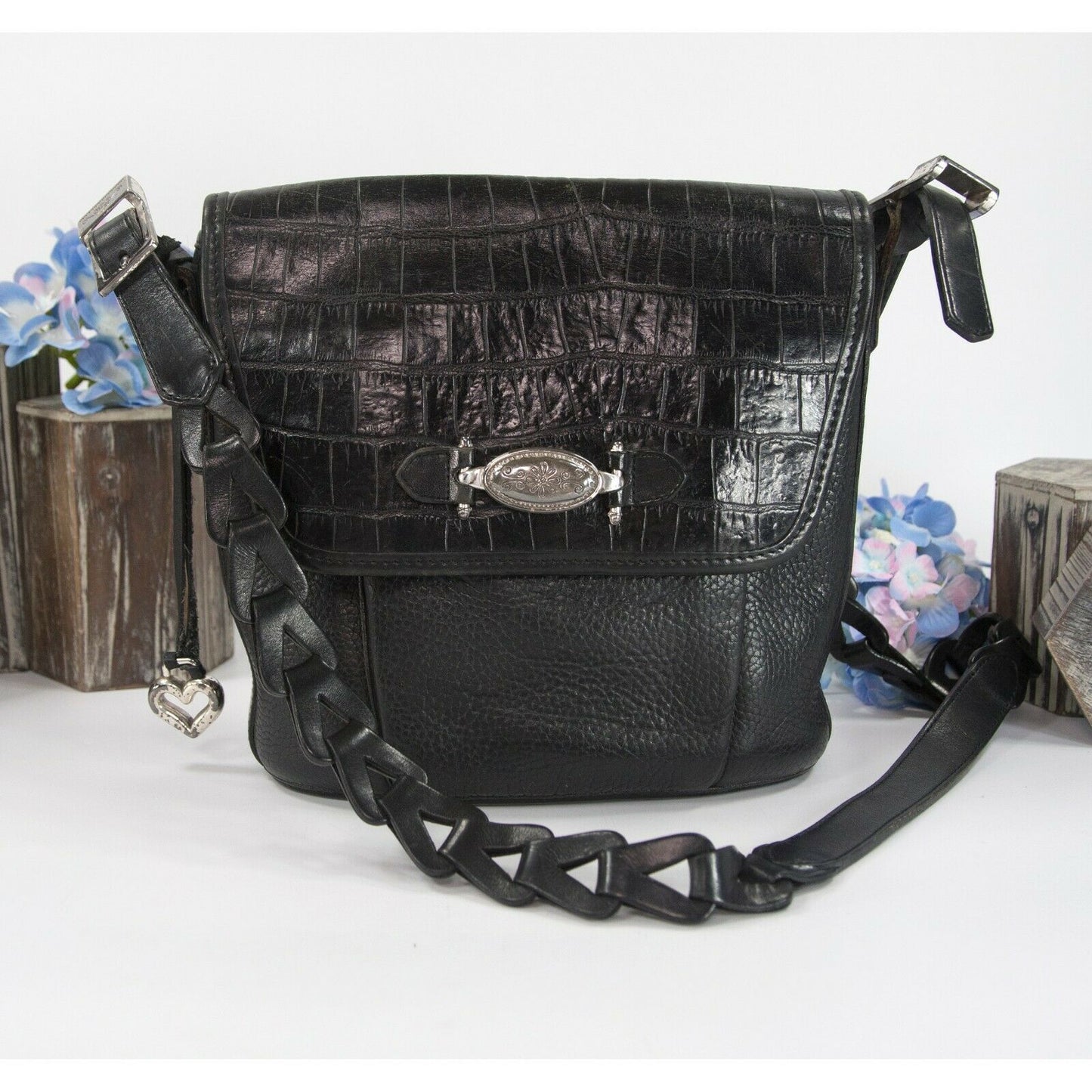 Brighton Black Croco Leather Crossbody Bucket Bag NWT
