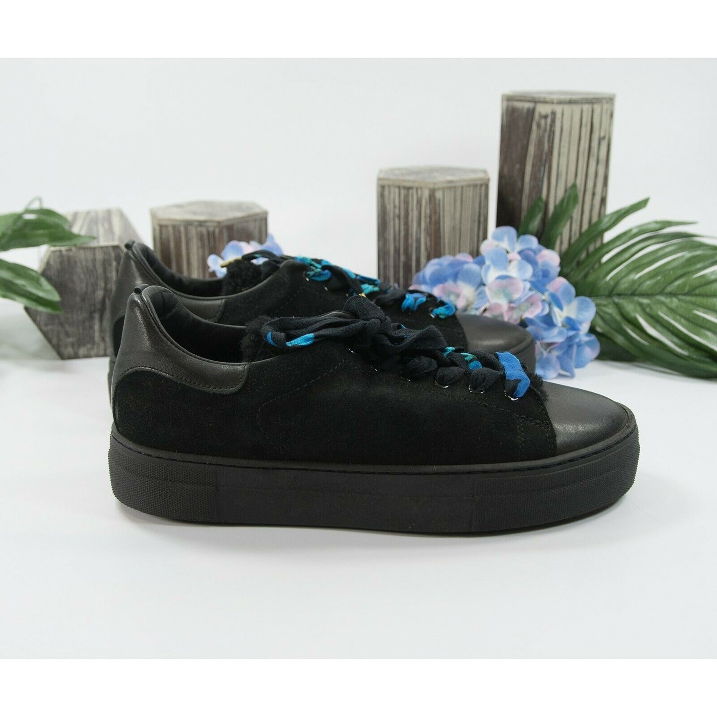 Maje Black Suede Shearling Ribbon Lace Up Sneakers Shoes Sz 40 10 NWOB