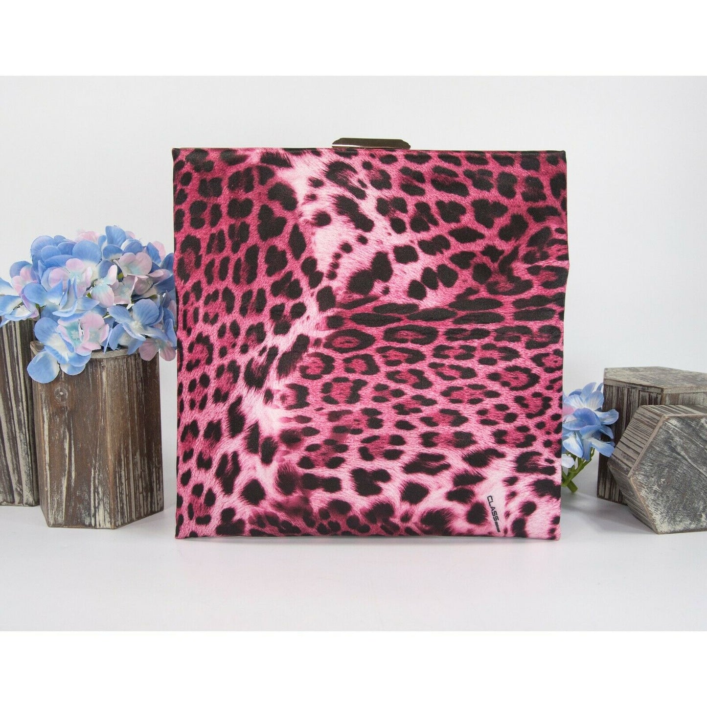 Roberto Cavalli Class Satin Leopard Flat Frame Clutch Bag NWT