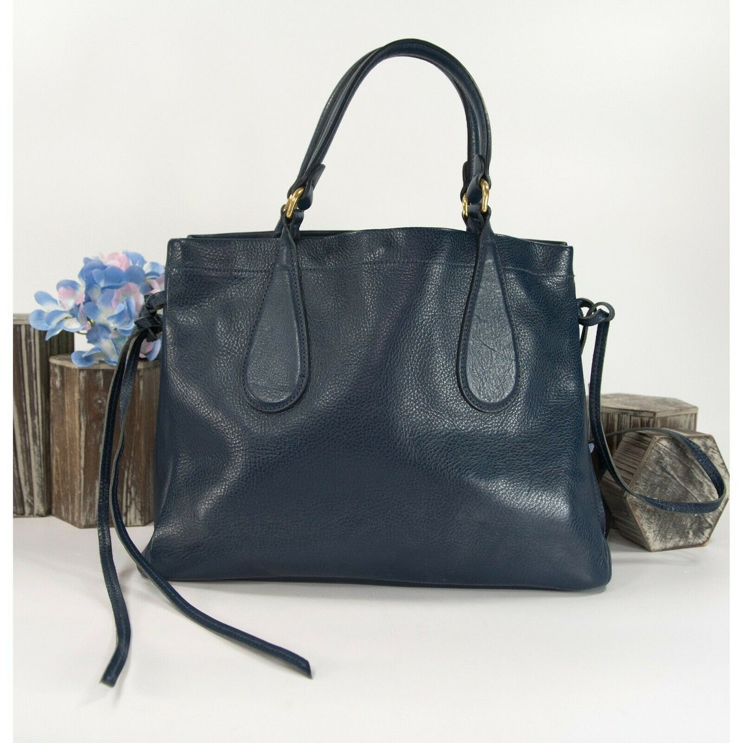 Il Bisonti Navy Blue Italian Leather Satchel Tote Bag EUC
