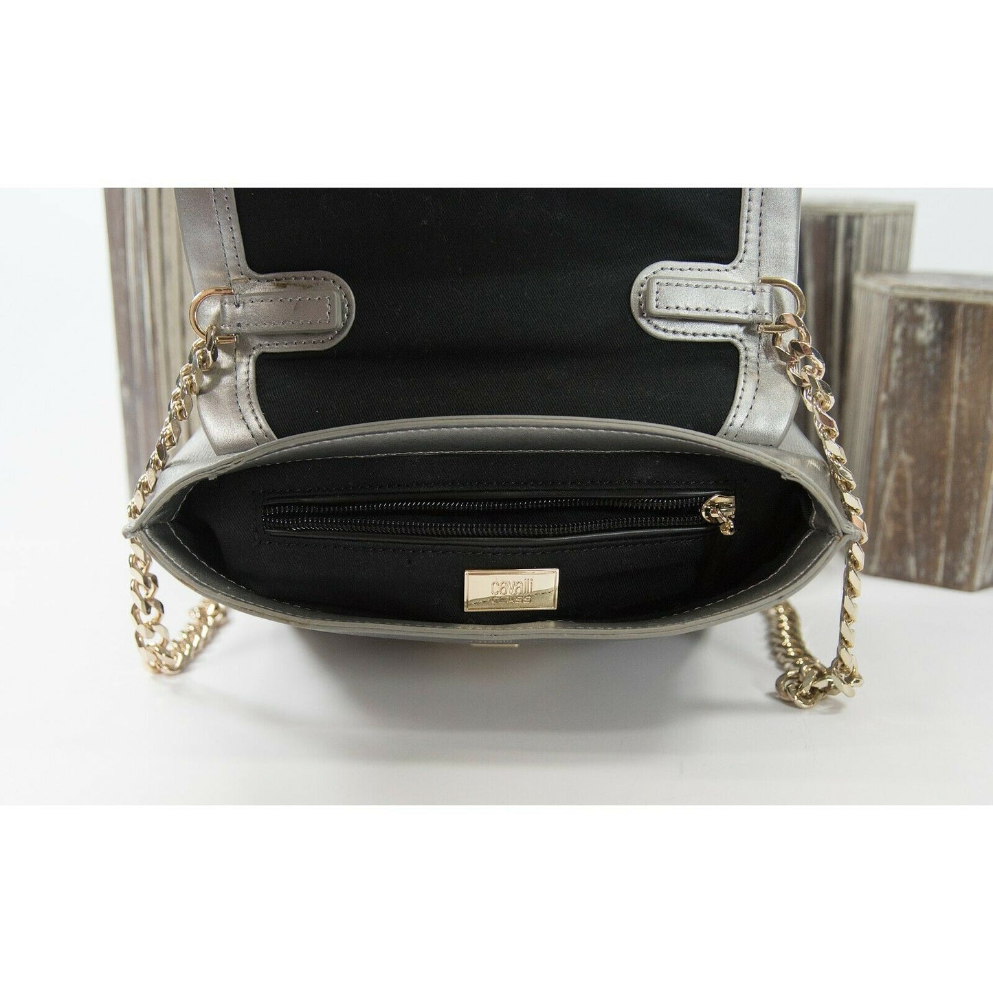 Roberto Cavalli Class Silver Leather Padlock Crossbody Bag EUC