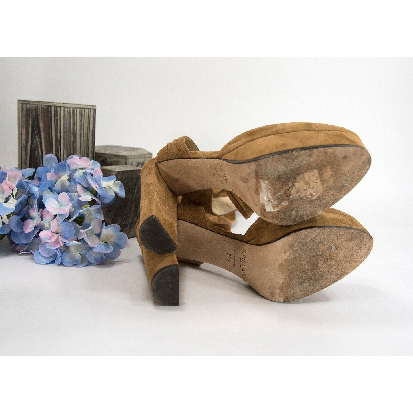 Jimmy Choo Chestnut Suede Ankle Wrap Platform Heels Pumps Size 37.5 EUC