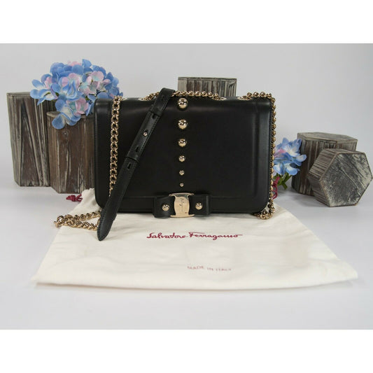 Salvatore Ferragamo Black Leather Studded Bow Crossbody Bag NWT