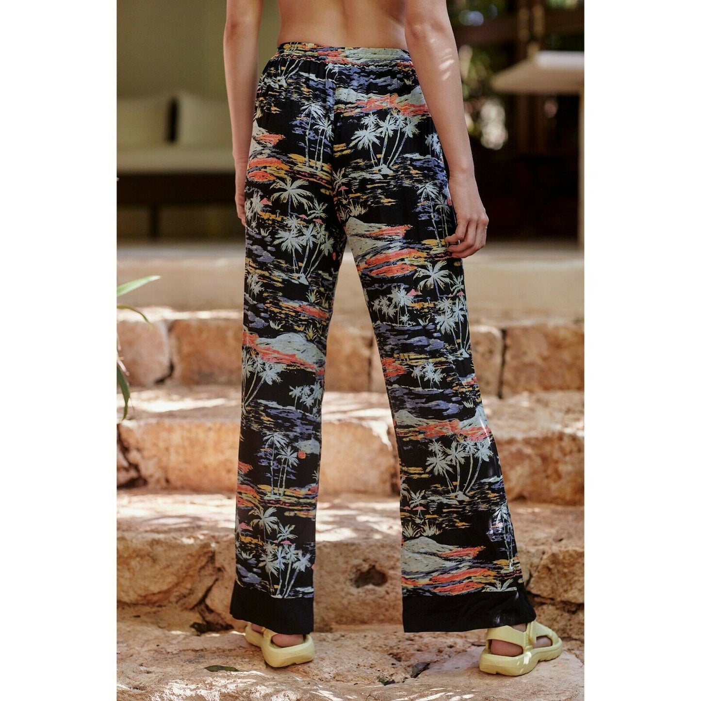 Free People Black Floral Tropical Blue Lagoon Wide Leg Lounge Pants NWT M