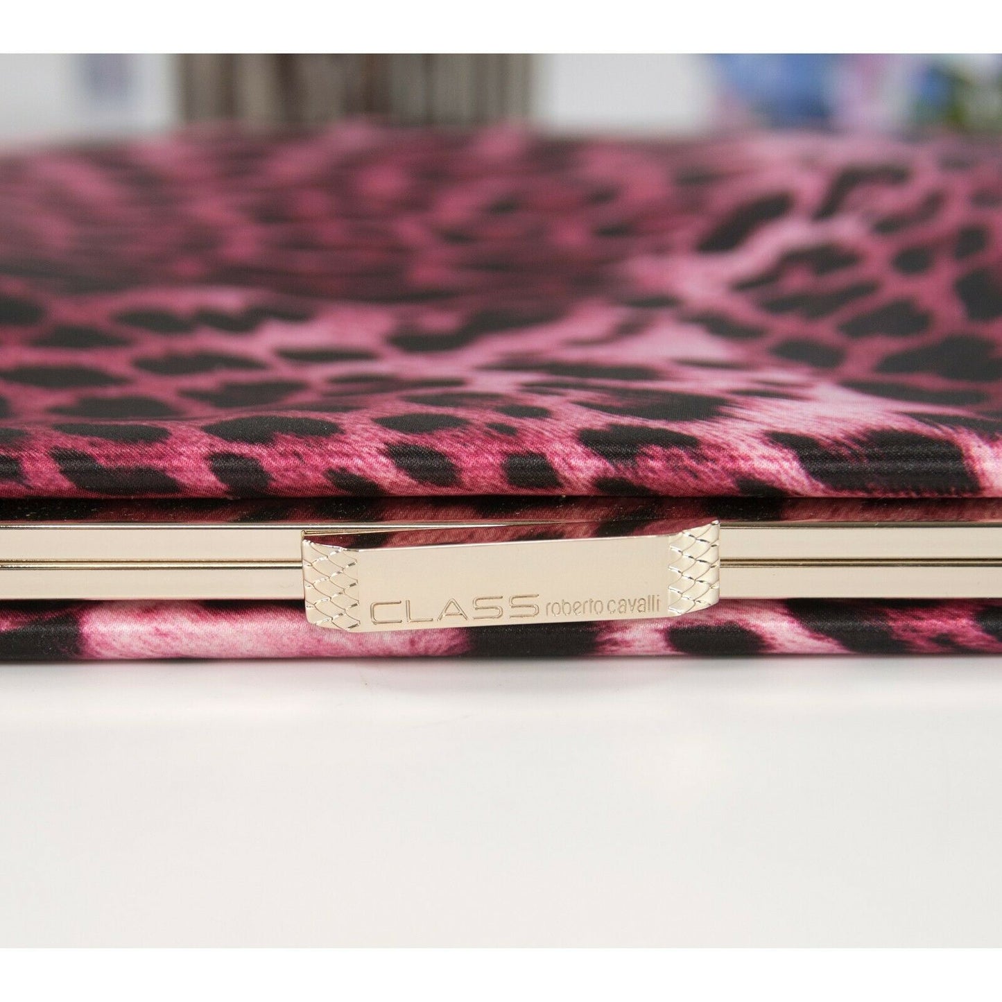 Roberto Cavalli Class Satin Leopard Flat Frame Clutch Bag NWT