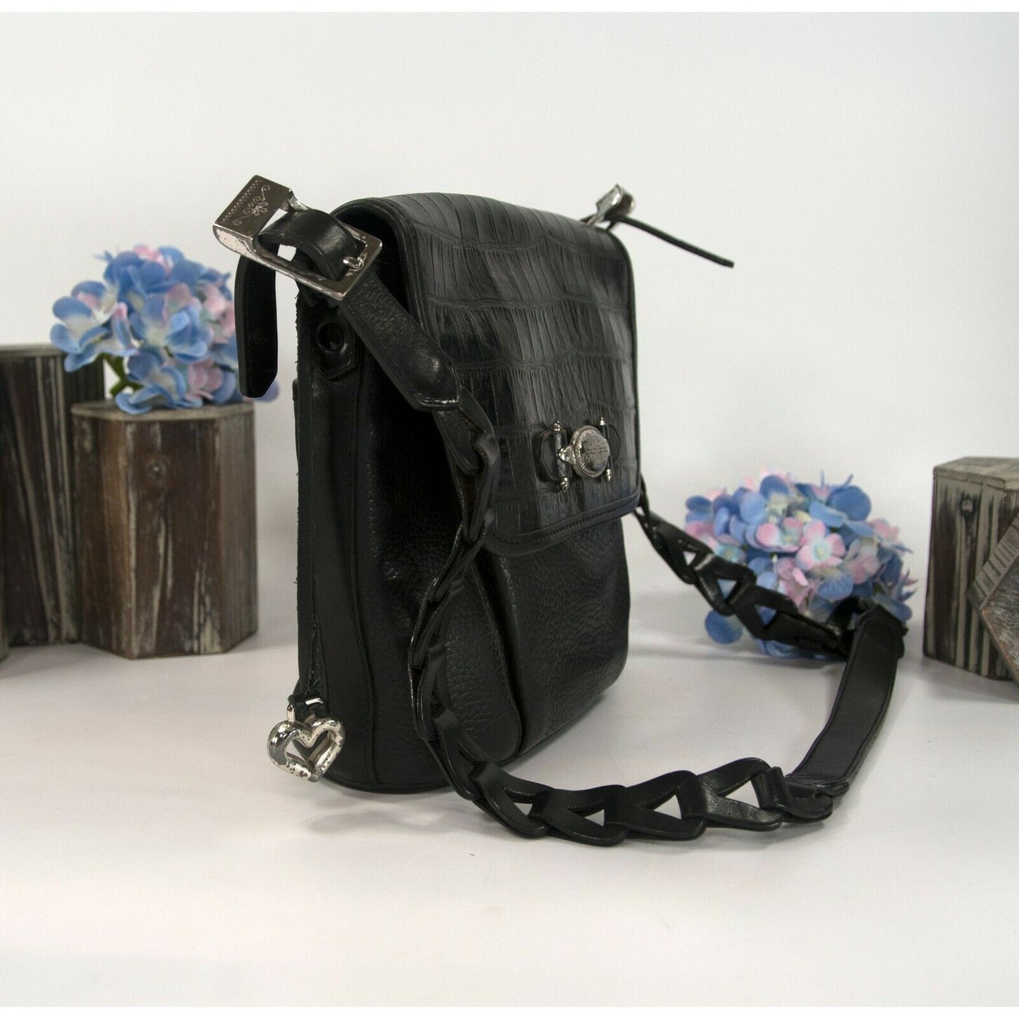 Brighton Black Croco Leather Crossbody Bucket Bag NWT