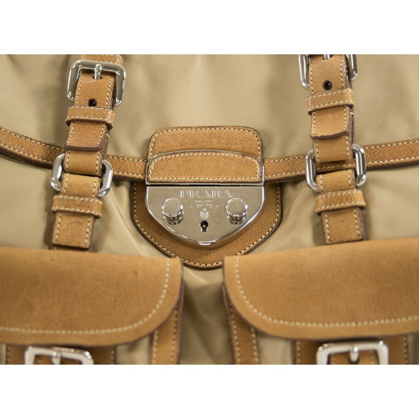 Prada Beige Nude Nylon Leather Large Briefcase Satchel Bag GUC