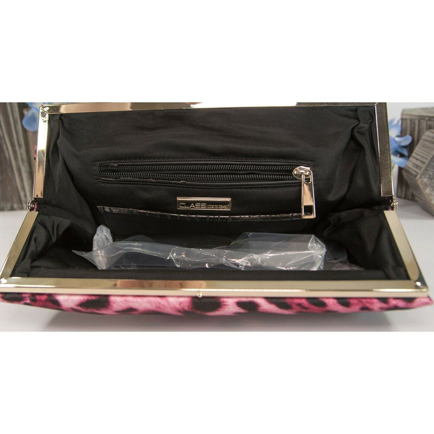 Roberto Cavalli Class Satin Leopard Flat Frame Clutch Bag NWT