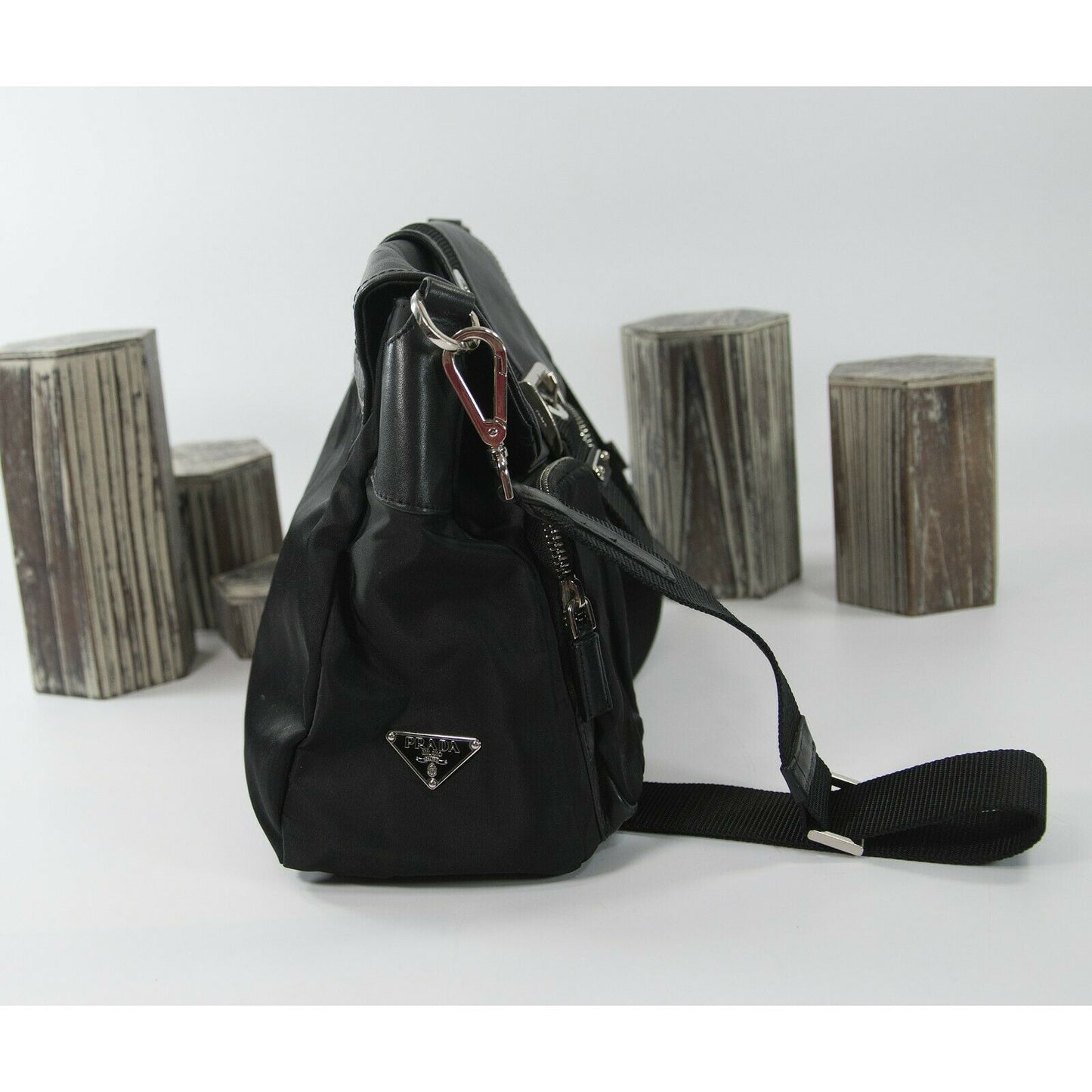 PRADA Black Nylon Leather Vela Pocket Flap Buckle Crossbody Messenger Bag EUC