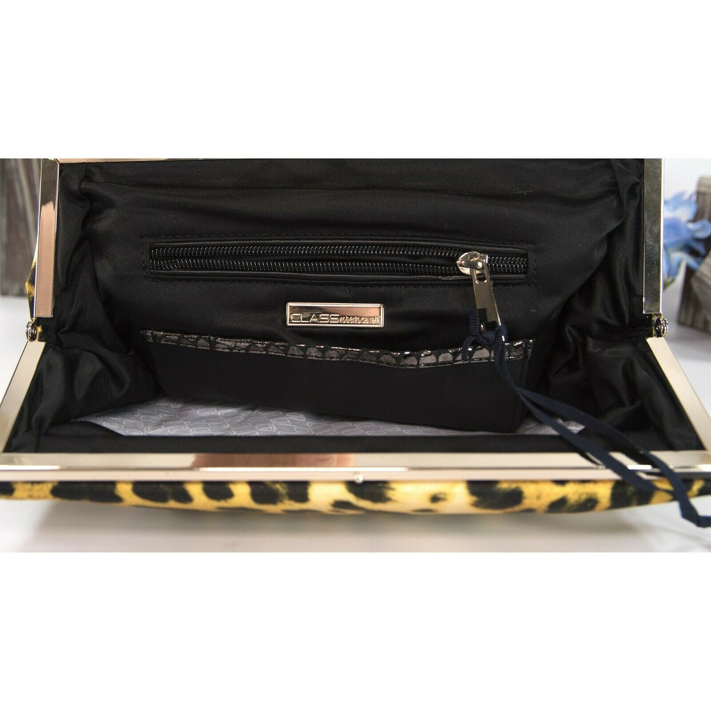 Roberto Cavalli Class Satin Leopard Flat Frame Clutch Bag NWT