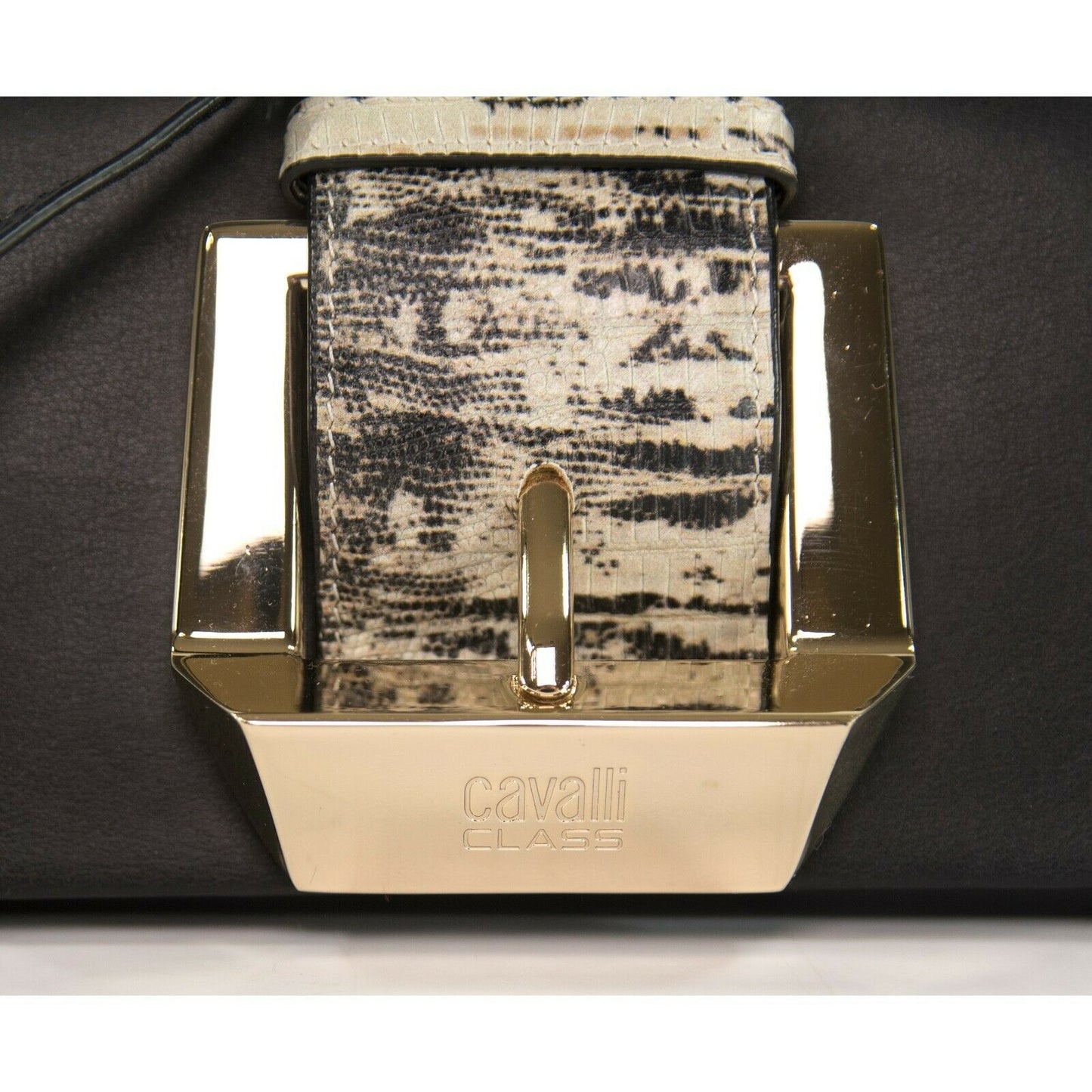 Roberto Cavalli Class Black Lizard Leather Glam Belt Crossbody Clutch Bag EUC