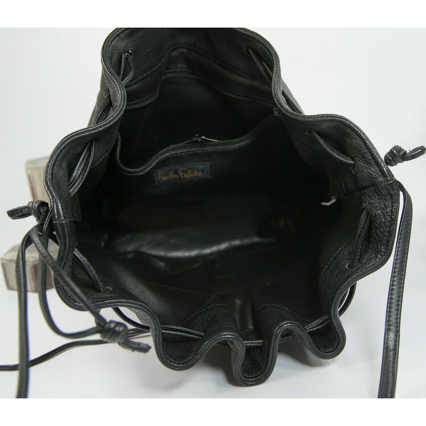 Carlos Falchi Black Leather Drawstring Bucket Shoulder Crossbody Bag EUC