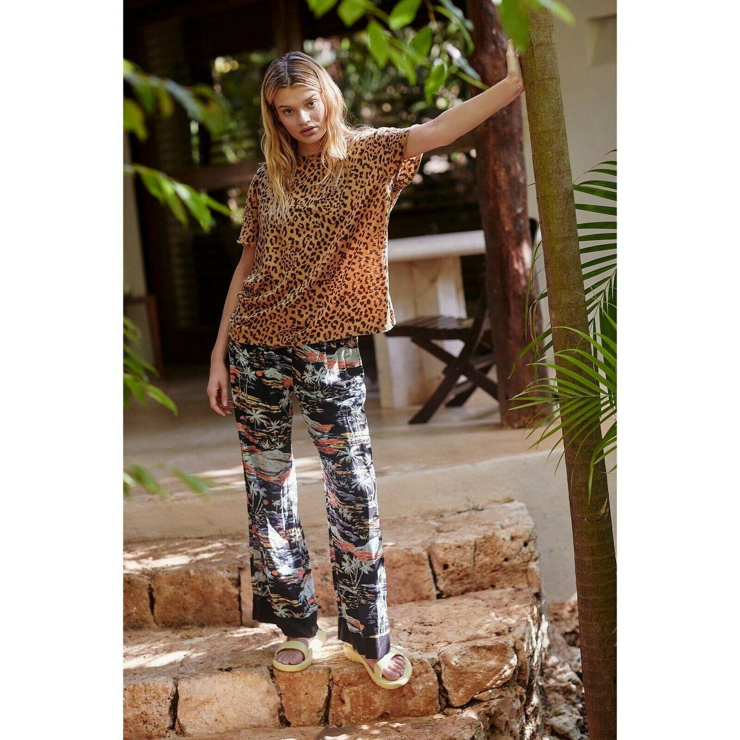 Free People Black Floral Tropical Blue Lagoon Wide Leg Lounge Pants NWT XS