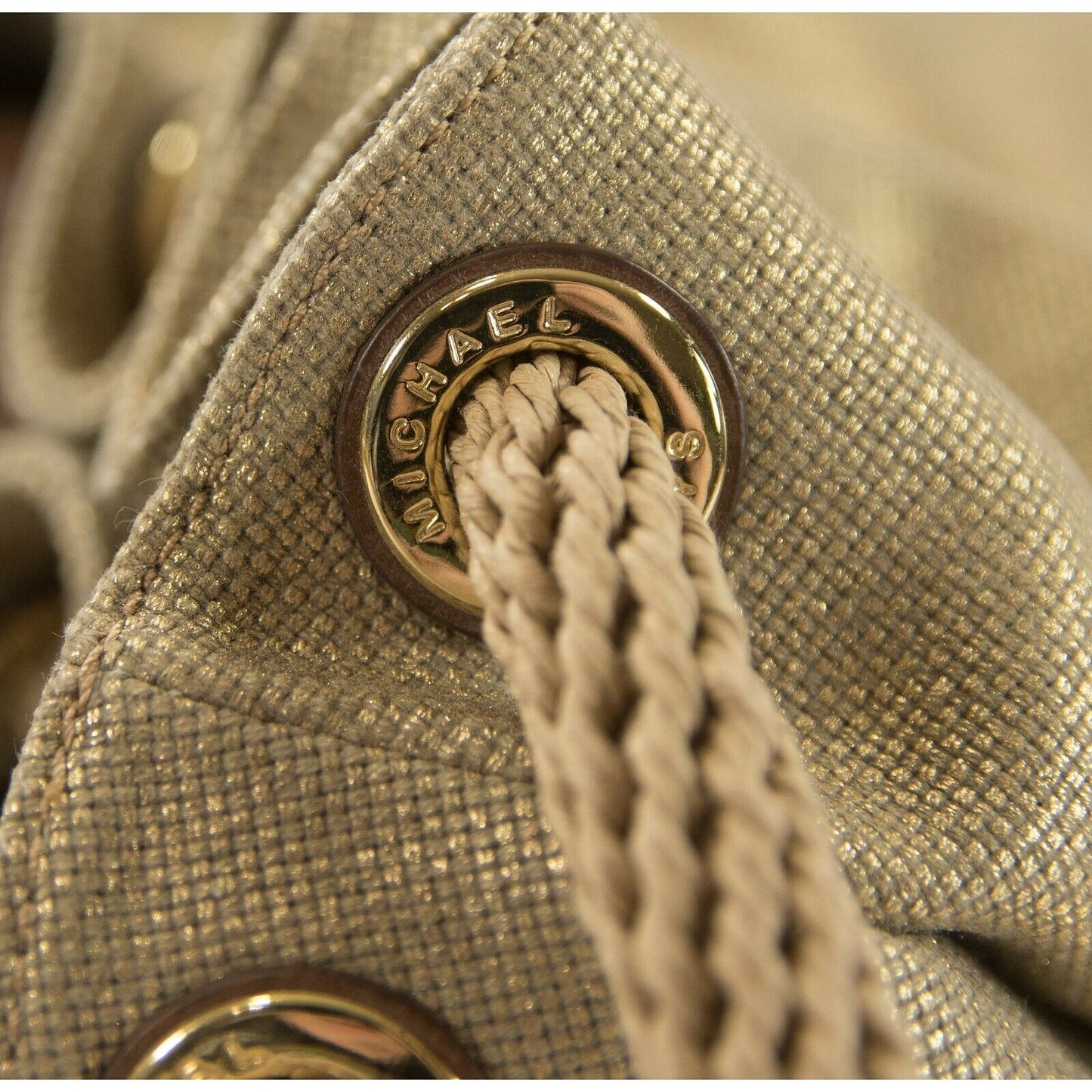 Michael Kors Marina Large Gold Gathered Drawstring Canvas Hobo Shoulder Bag NWT