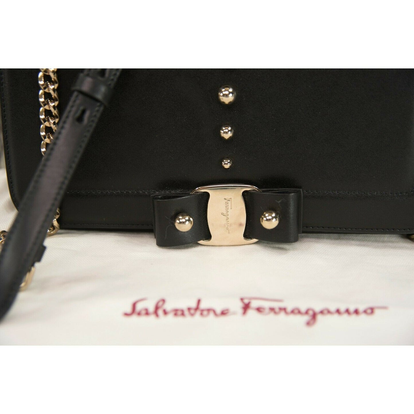 Salvatore Ferragamo Black Leather Studded Bow Crossbody Bag NWT