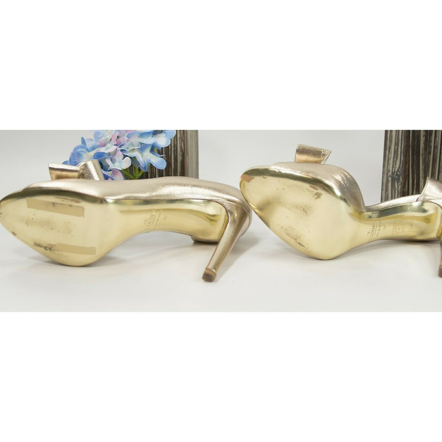 Valentino Gold Metallic Leather D'Orsay Bow Stilletto Heels Shoes Sz 39 9