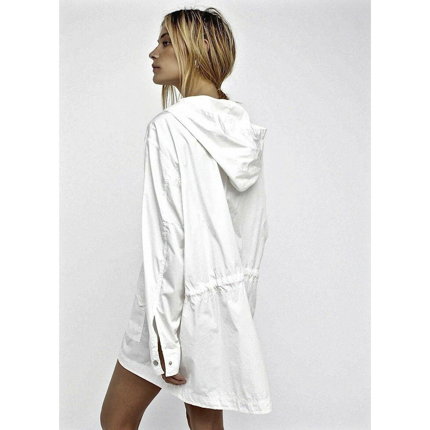 Free People White Cotton Drawstring Oversize Hi-Low Poplin Anorak Jacket M-L NWT