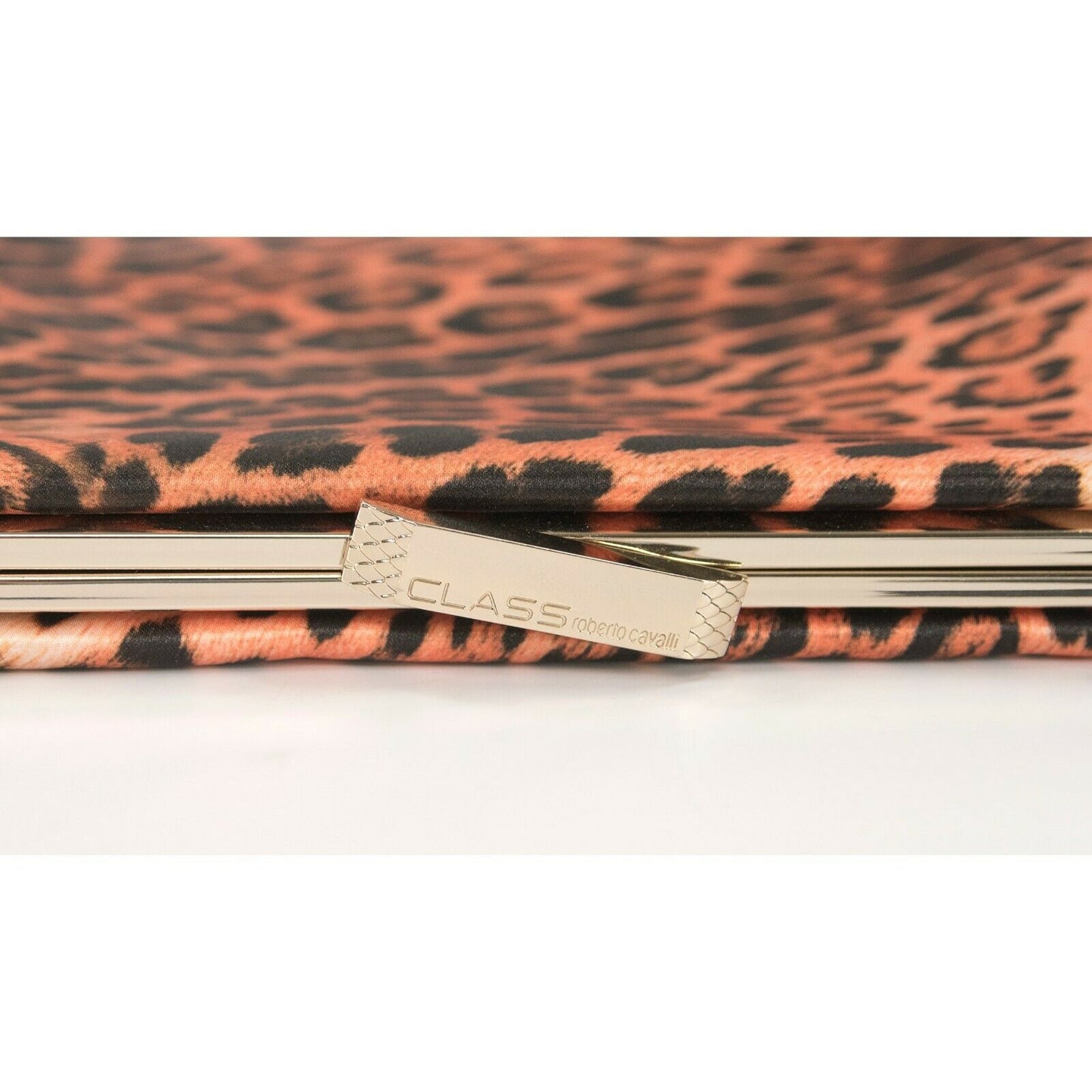 Roberto Cavalli Class Satin Leopard Flat Frame Clutch Bag NWT