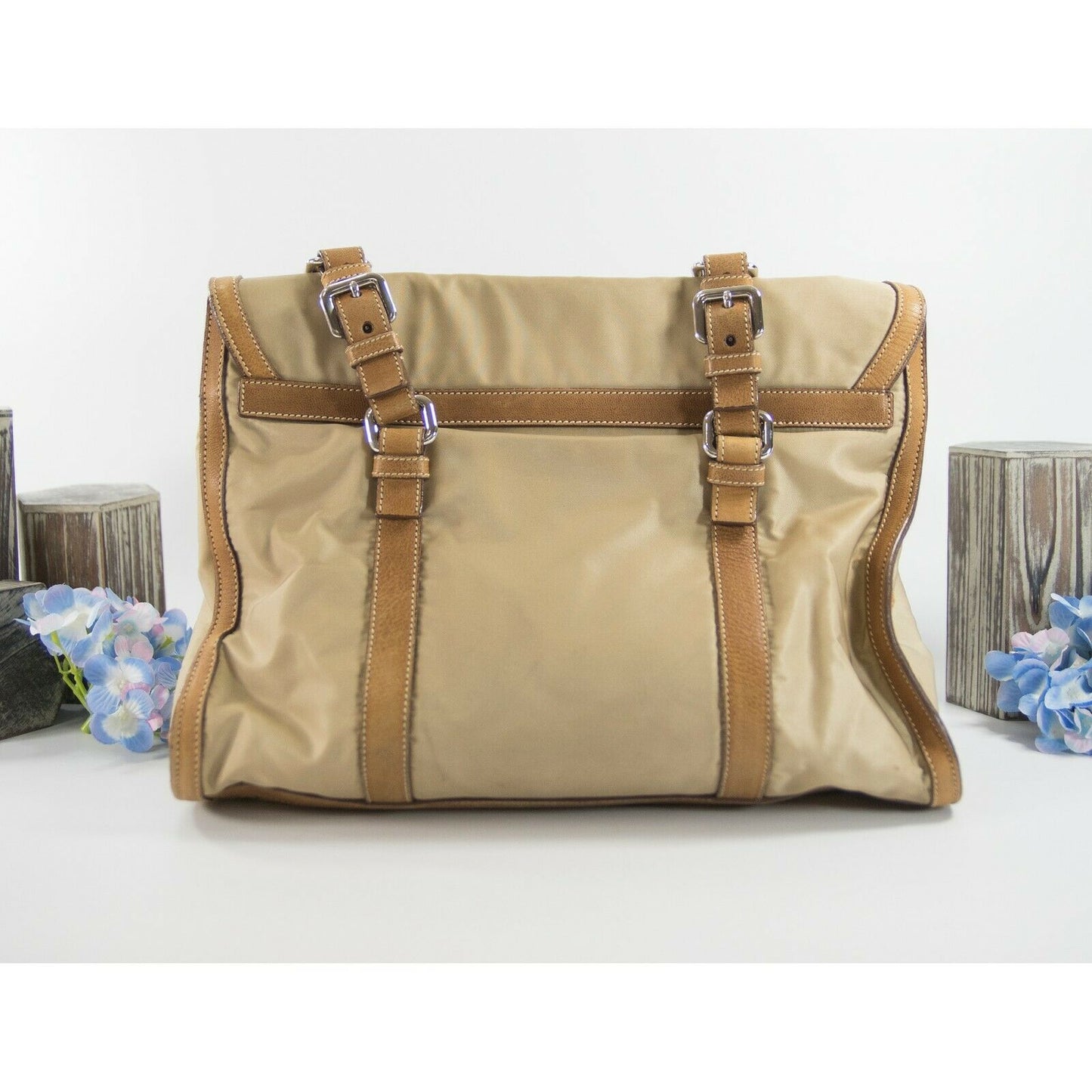 Prada Beige Nude Nylon Leather Large Briefcase Satchel Bag GUC