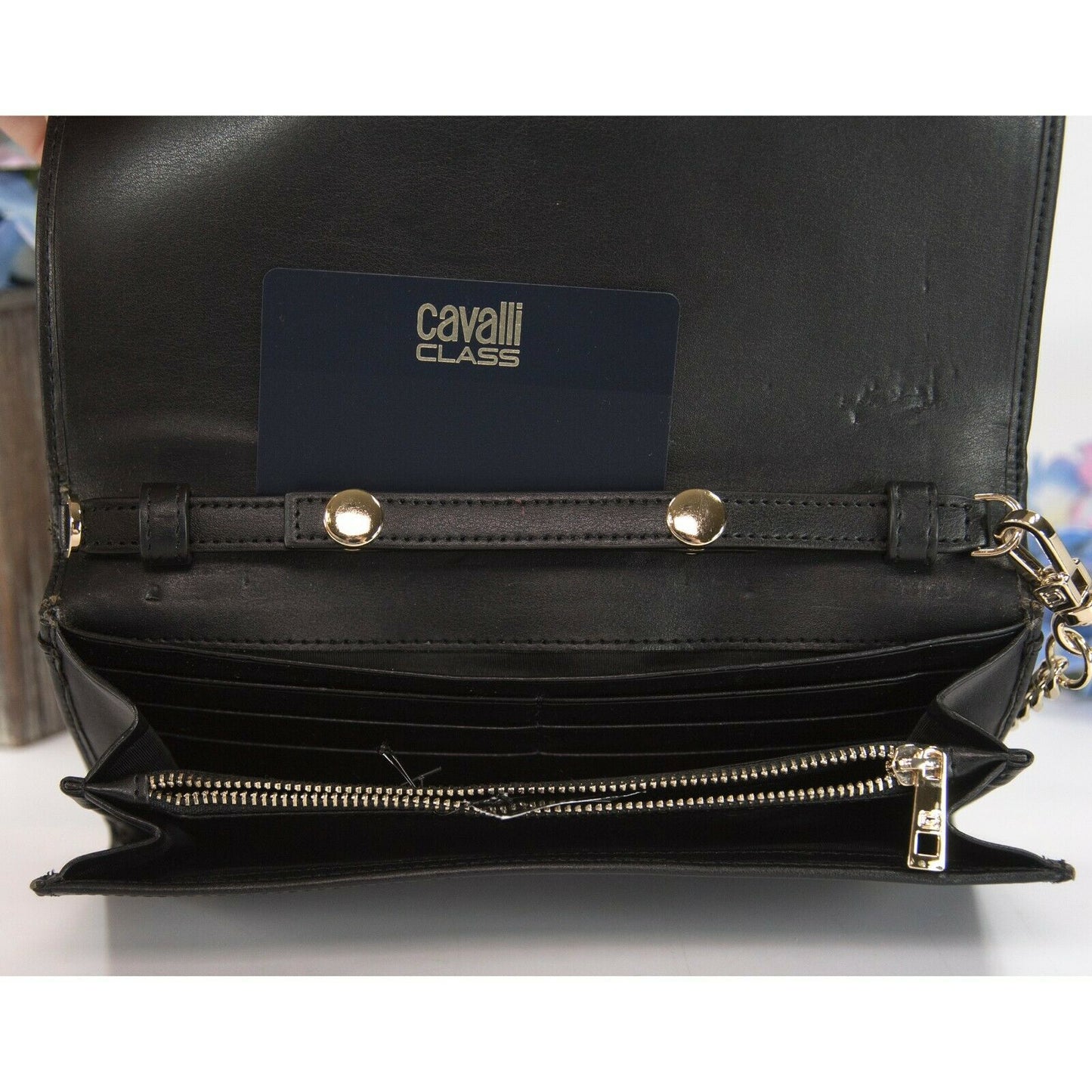 Roberto Cavalli Class Black Lizard Leather Glam Belt Crossbody Clutch Bag EUC