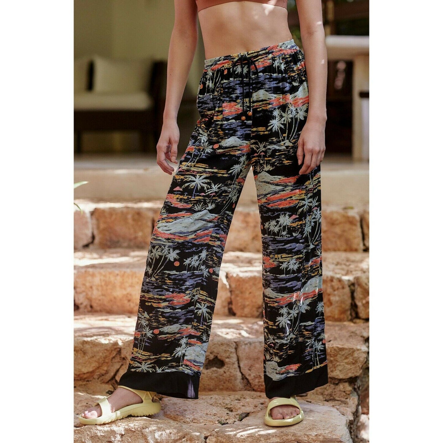 Free People Black Floral Tropical Blue Lagoon Wide Leg Lounge Pants NWT M