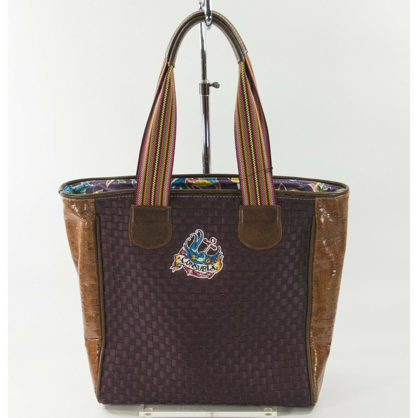 Consuela Austin Purple Woven Twill Floral Embroidered Leather Large Tote Bag NWT