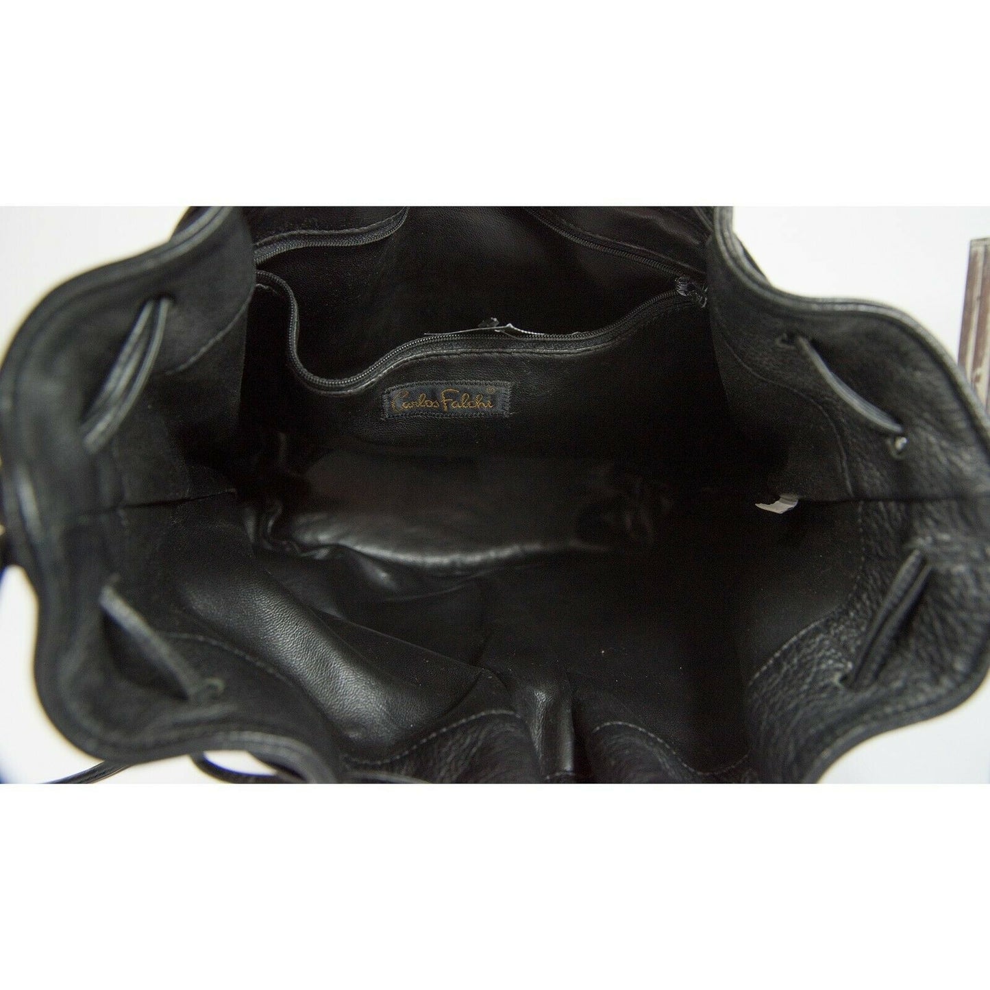 Carlos Falchi Black Leather Drawstring Bucket Shoulder Crossbody Bag EUC