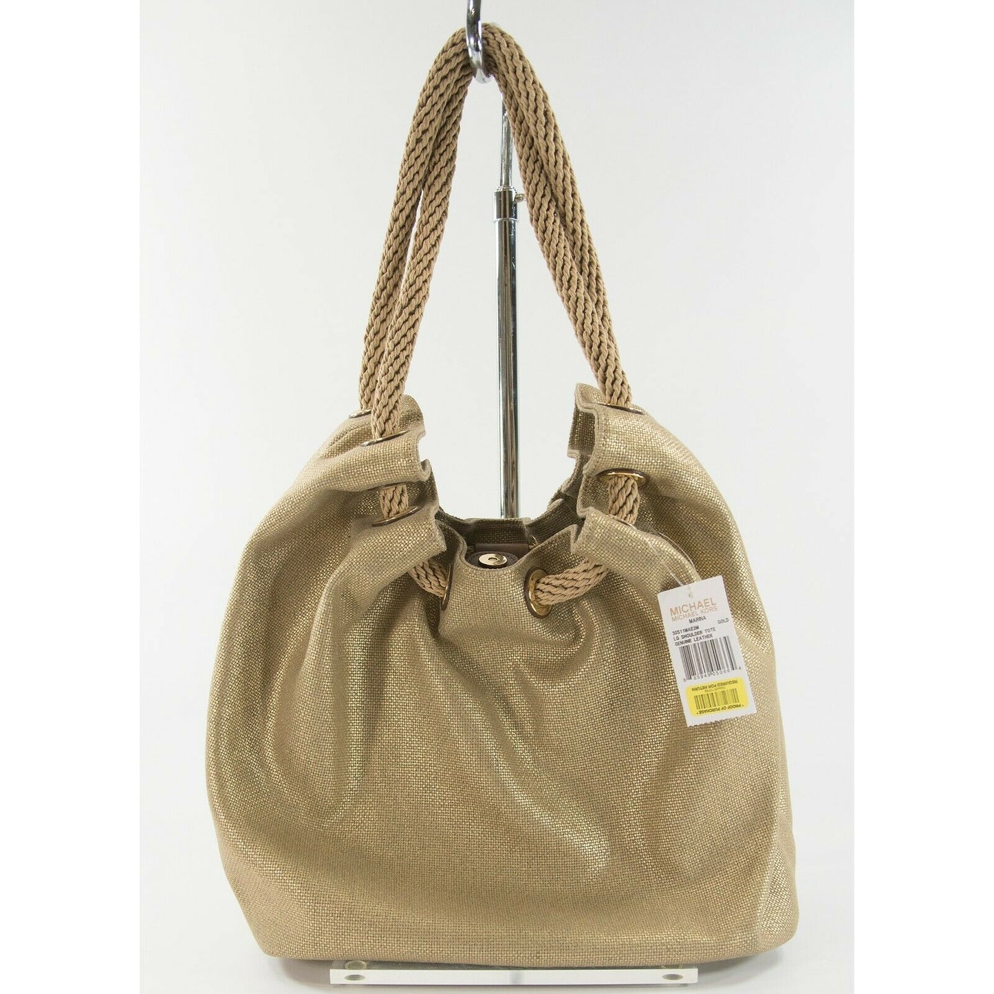 Michael Kors Marina Large Gold Gathered Drawstring Canvas Hobo Shoulder Bag NWT