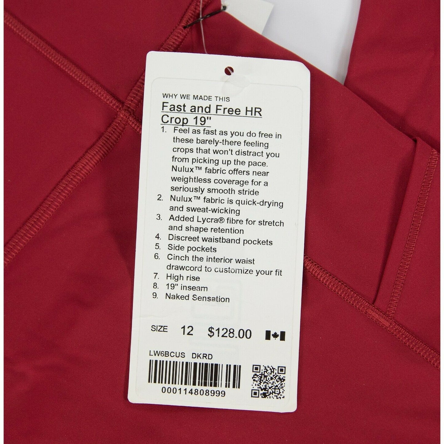 Lululemon Red Fast Free Cropped Pocket tight leggings NWT Size 12 C27