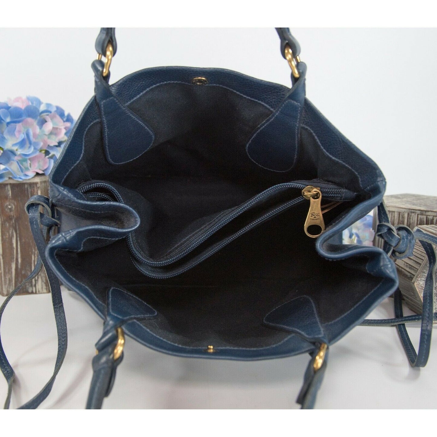 Il Bisonti Navy Blue Italian Leather Satchel Tote Bag EUC