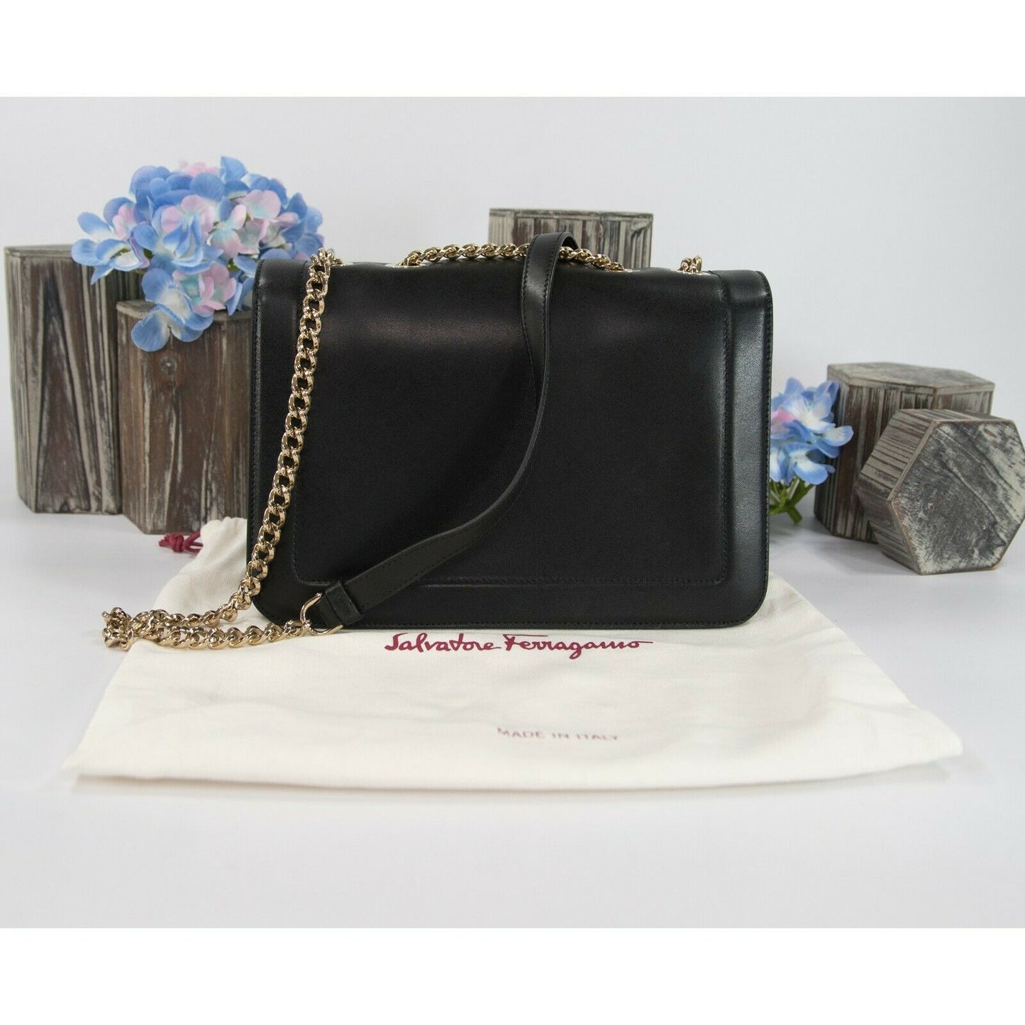 Salvatore Ferragamo Black Leather Studded Bow Crossbody Bag NWT
