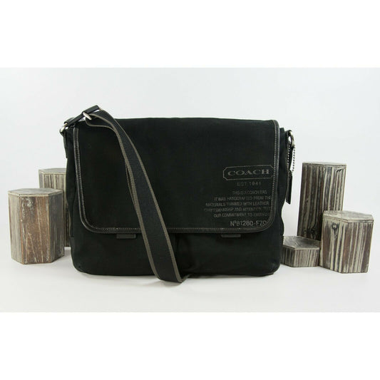 Coach Mens Black Canvas Leather Messenger Computer Bag 70587 EUC
