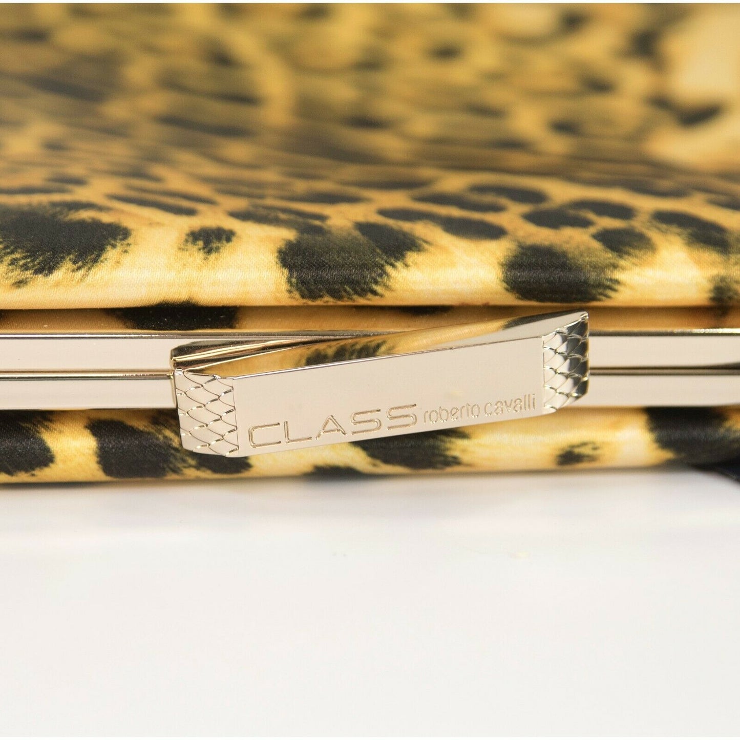 Roberto Cavalli Class Satin Leopard Flat Frame Clutch Bag NWT