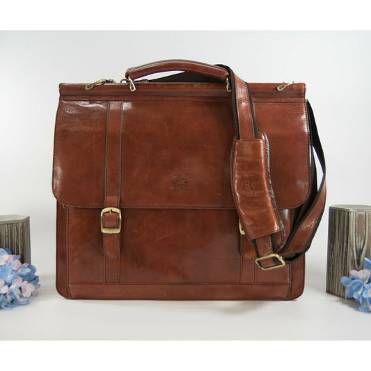 Mangini Cognac Vintage Leather Briefcase Messenger Crossbody Bag