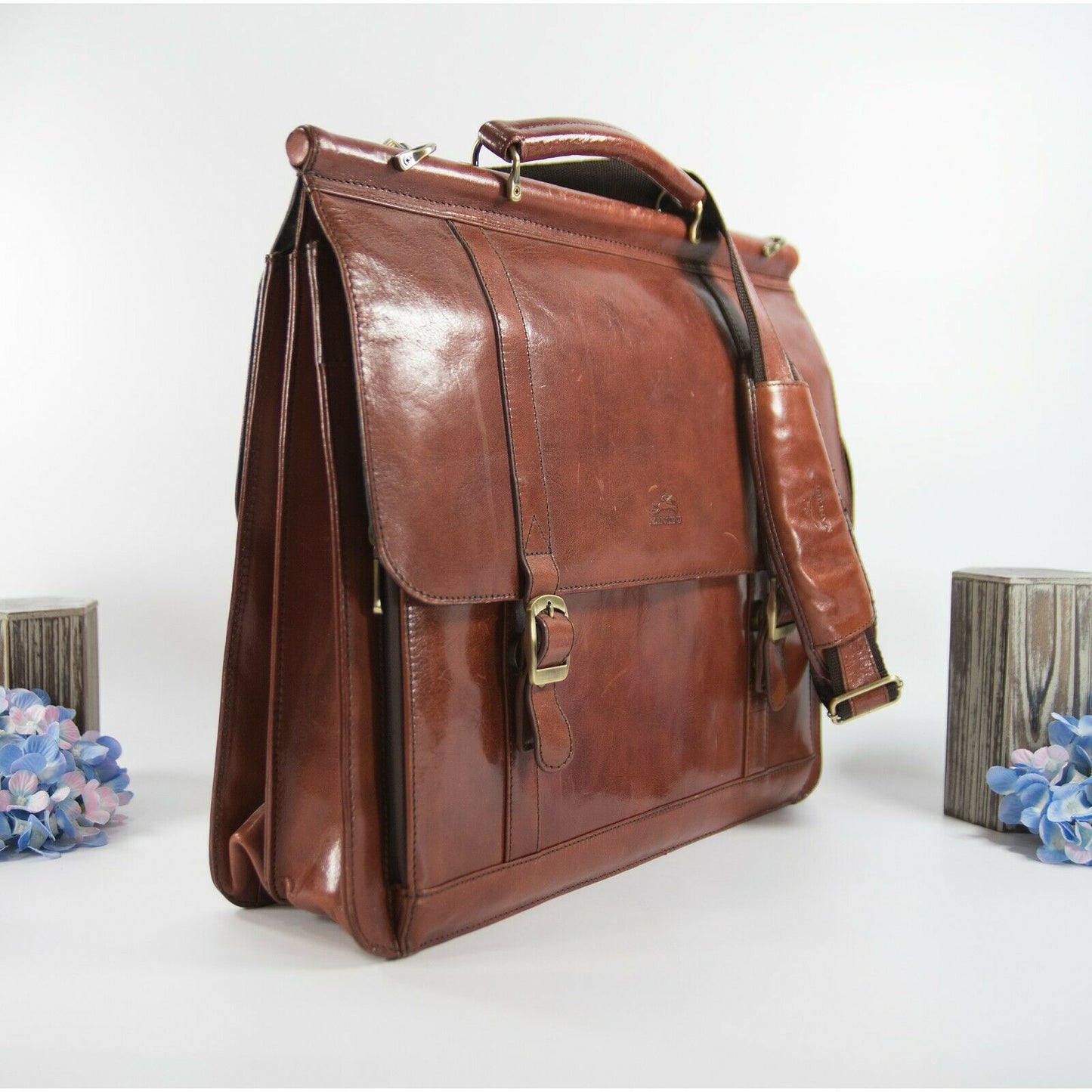 Mangini Cognac Vintage Leather Briefcase Messenger Crossbody Bag