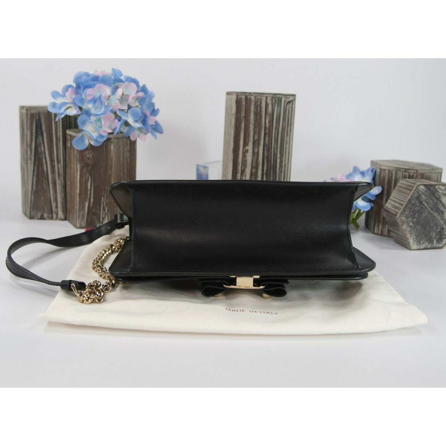Salvatore Ferragamo Black Leather Studded Bow Crossbody Bag NWT