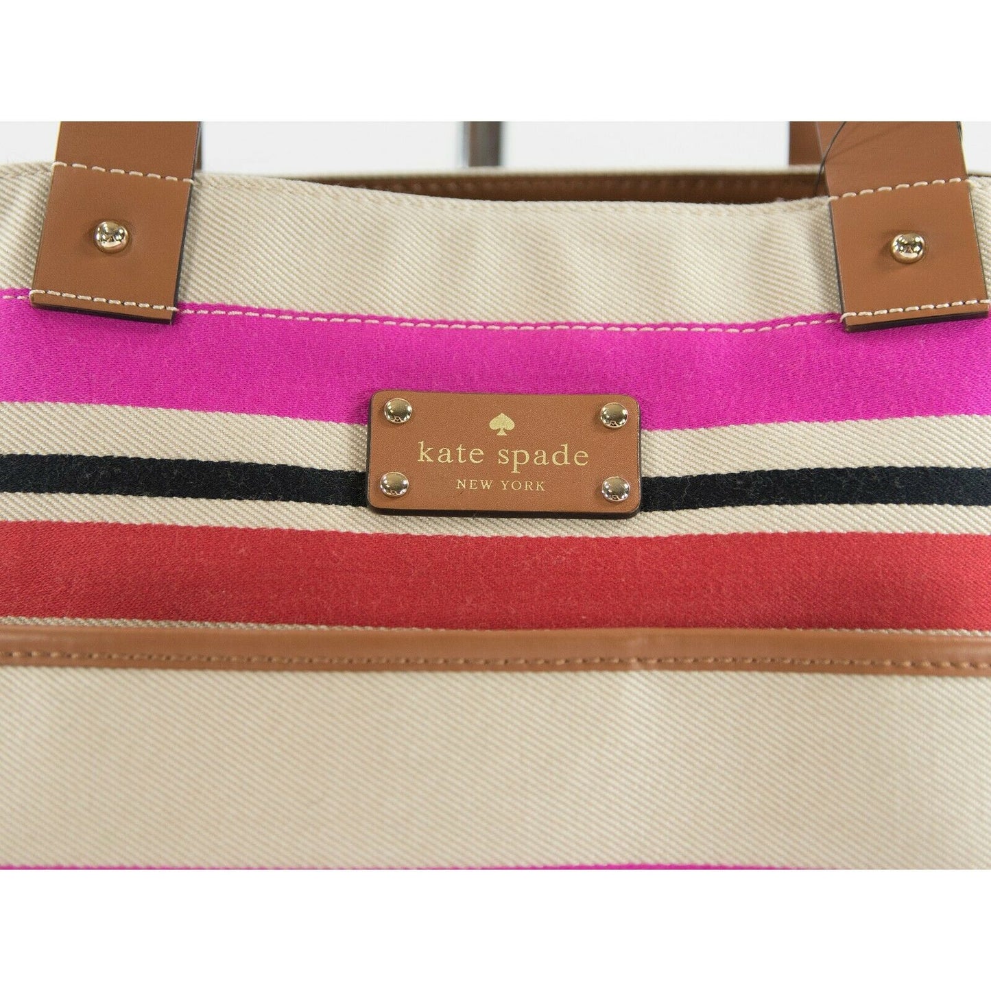 Kate Spade Oak Island Canvas Stripe Leather Trim Magazine Tote Bag GUC