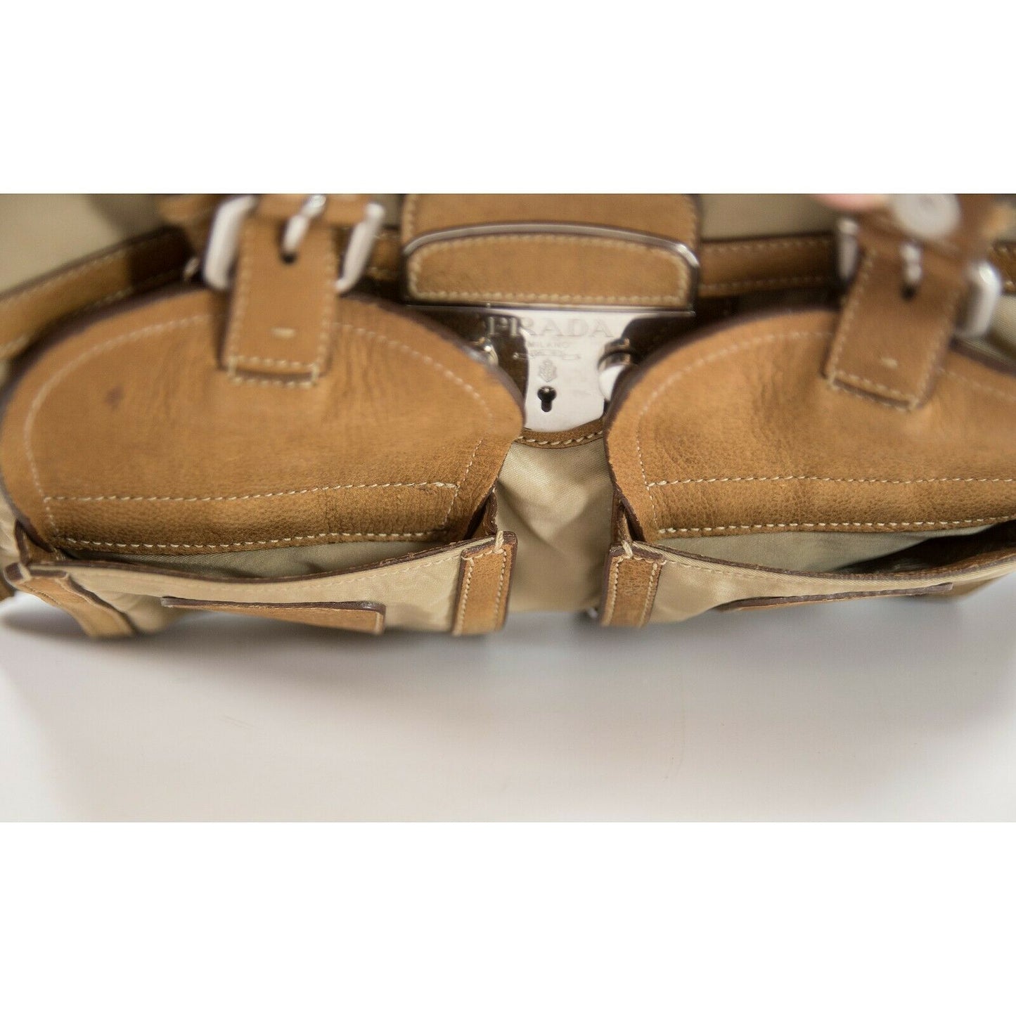 Prada Beige Nude Nylon Leather Large Briefcase Satchel Bag GUC