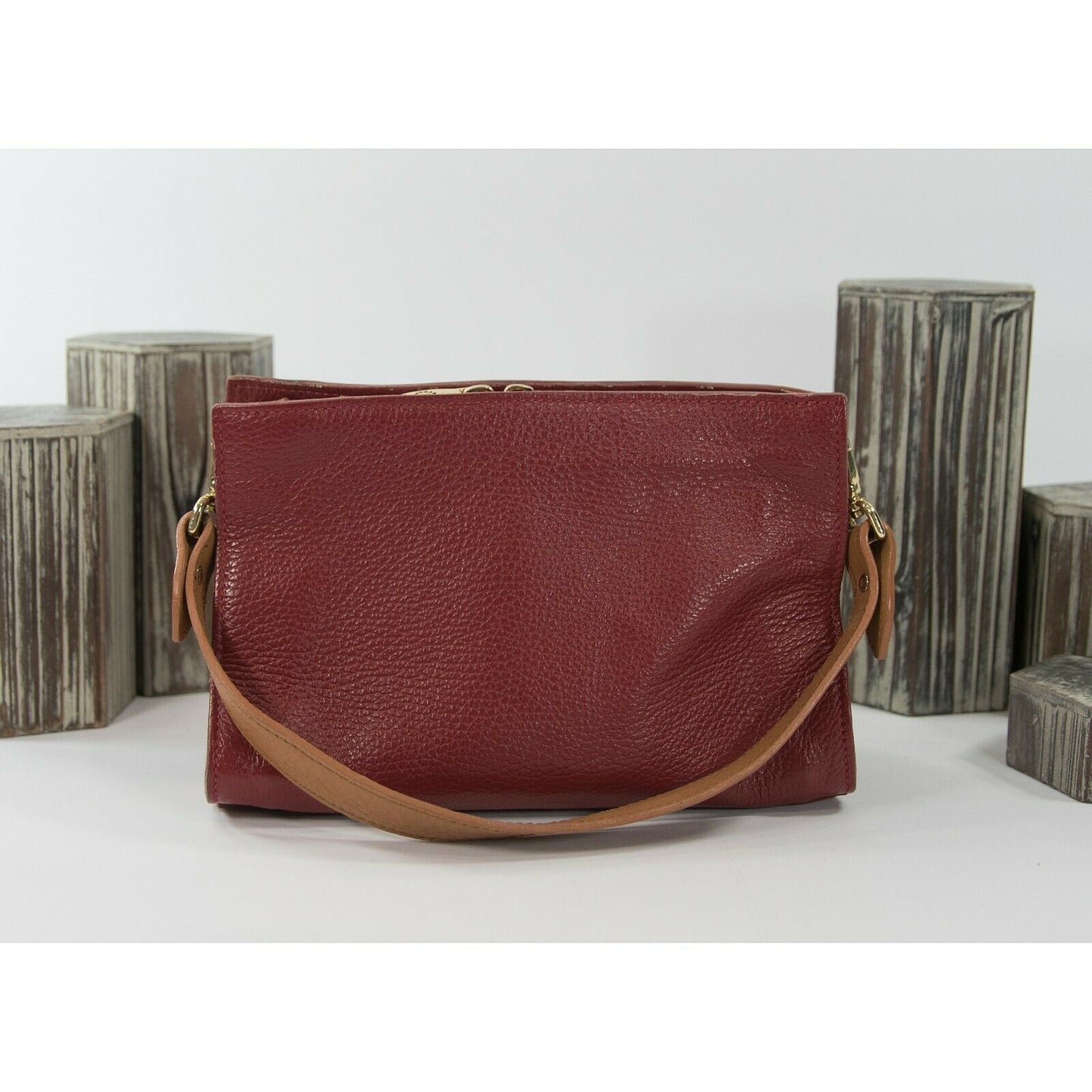 Valentina Red Tan Leather Triangle Crossbody Bag EUC
