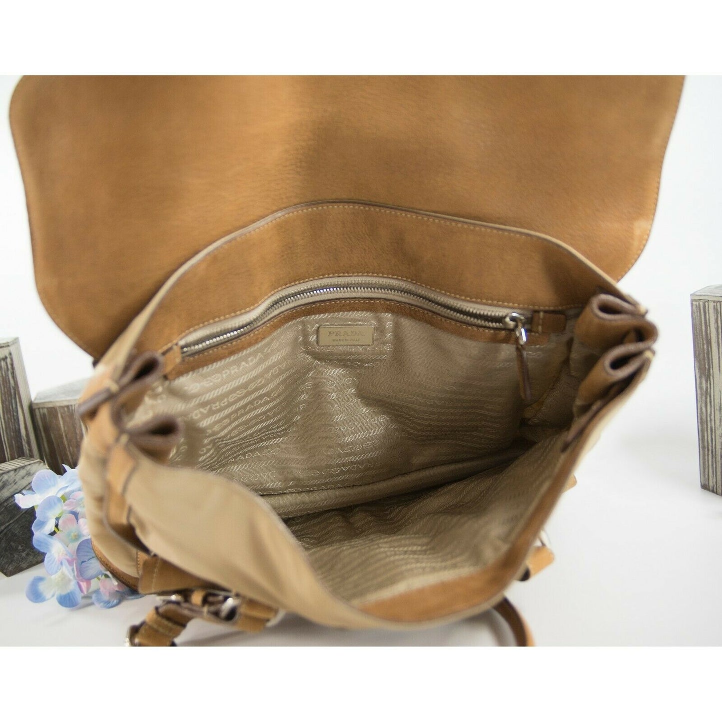 Prada Beige Nude Nylon Leather Large Briefcase Satchel Bag GUC