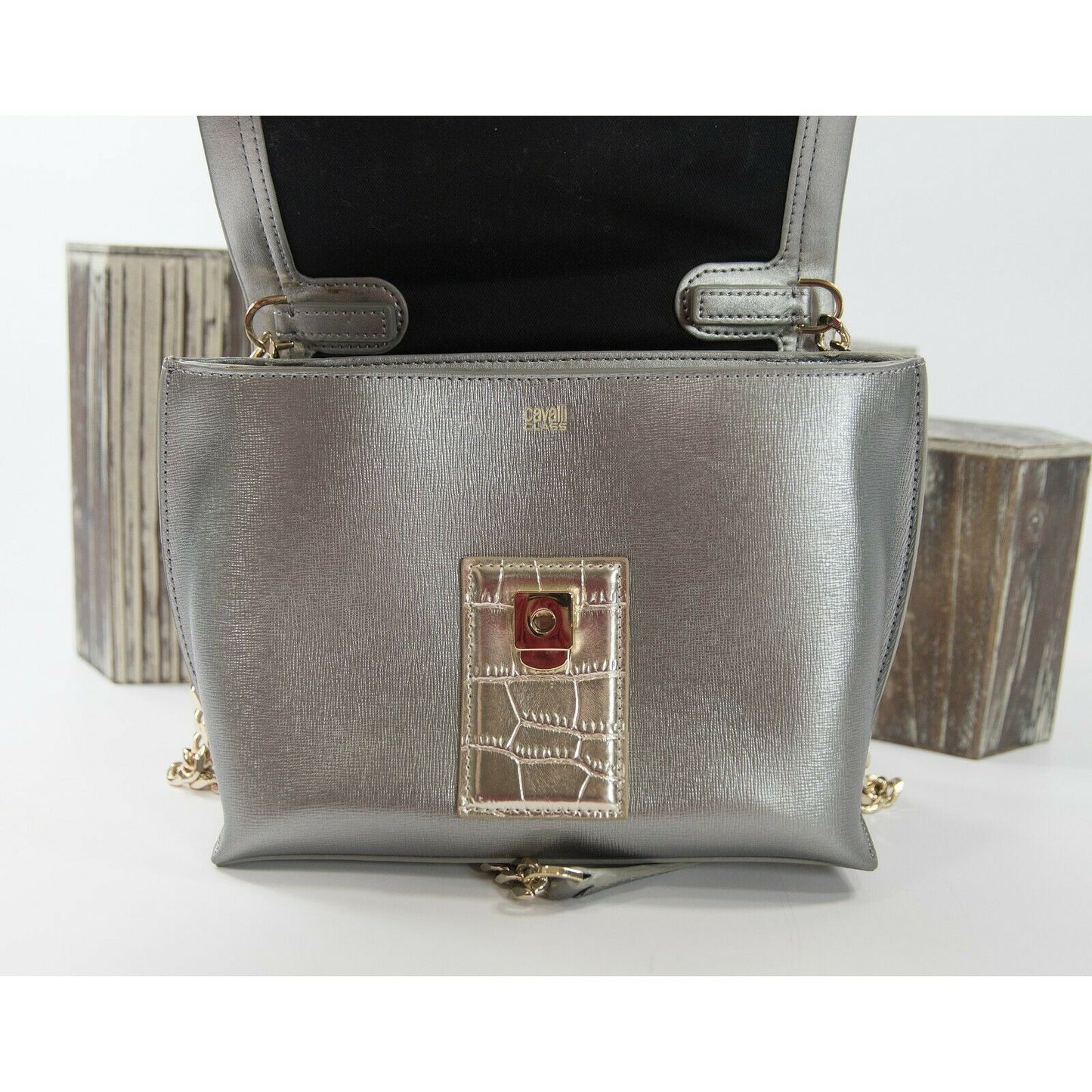 Roberto Cavalli Class Silver Leather Padlock Crossbody Bag EUC