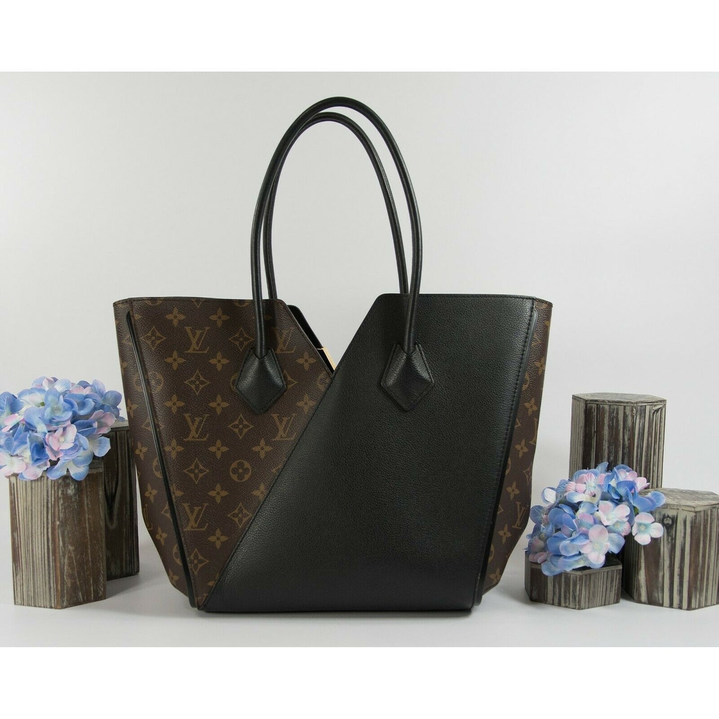 Louis Vuitton Brown Monogram Black Leather Kimono MM Tote Bag DU4155 EUC