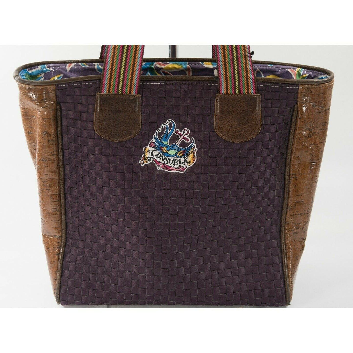 Consuela Austin Purple Woven Twill Floral Embroidered Leather Large Tote Bag NWT
